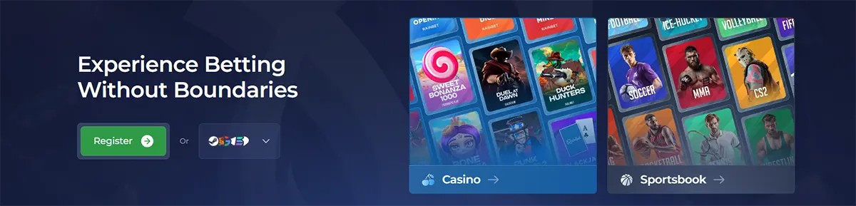 Casino homepage hero section with the text “Experience Betting Without Boundaries,” a green “Register” button, and panels highlighting Casino and Sportsbook sections with game thumbnails on a dark-themed interface.