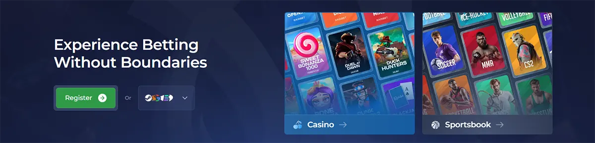 Casino homepage hero section with the text “Experience Betting Without Boundaries,” a green “Register” button, and panels highlighting Casino and Sportsbook sections with game thumbnails on a dark-themed interface.