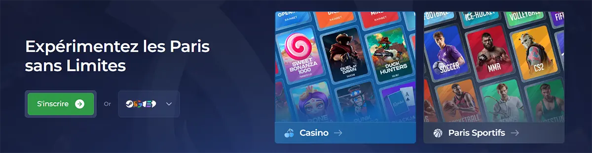 French betting site banner with a green sign-up button, alternative login option, and promotional panels for casino and sports betting on a dark blue background.