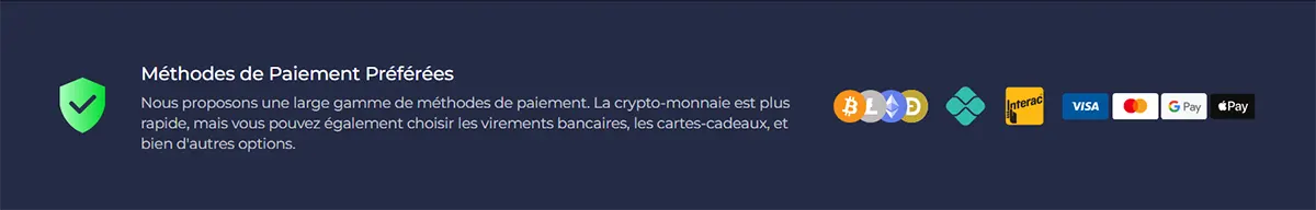French payment methods section with security icon, descriptive text about preferred payment options, and icons for cryptocurrency, Interac, Visa, Mastercard, Google Pay, and Apple Pay on a dark blue background.