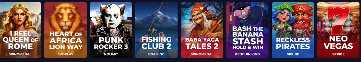 Online slot game carousel with colorful game thumbnails including Queen of Rome, Heart of Africa, Punk Rocker, Fishing Club, Baba Yaga Tales, and Neo Vegas on a dark casino interface.