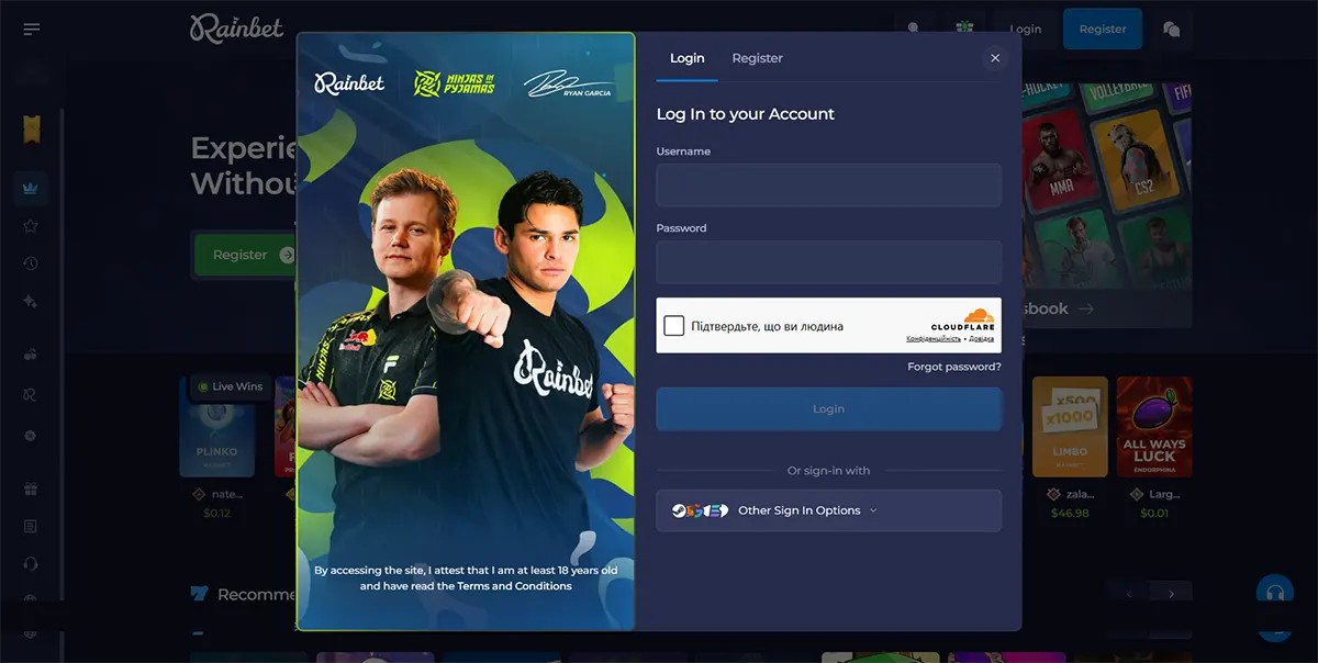 Casino login popup with a split layout showing esports players on the left and a login form on the right, including fields for username and password, CAPTCHA verification, a “Forgot password?” link, and a login button, with alternative sign-in options below.