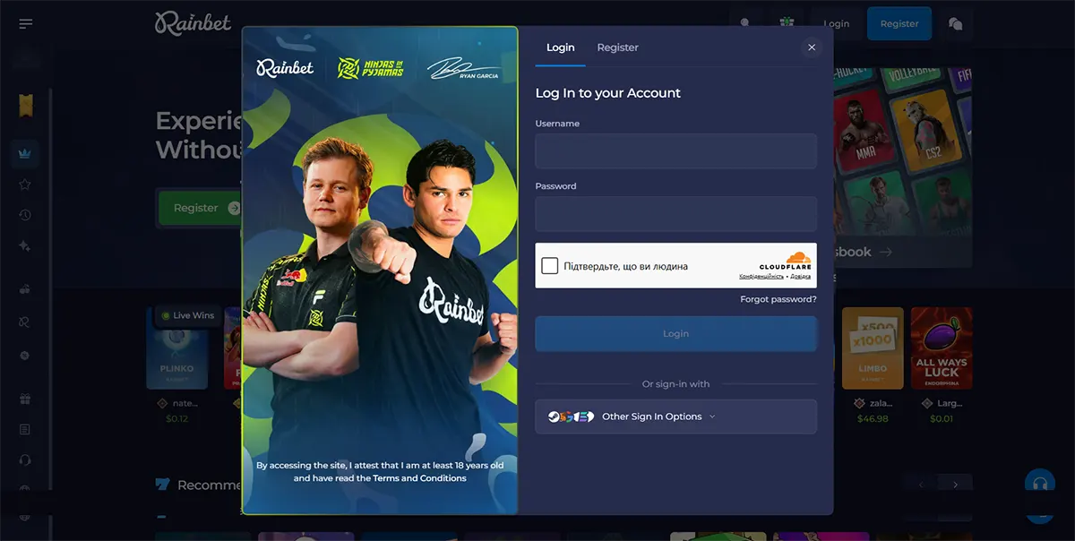 Casino login popup with a split layout showing esports players on the left and a login form on the right, including fields for username and password, CAPTCHA verification, a “Forgot password?” link, and a login button, with alternative sign-in options below.