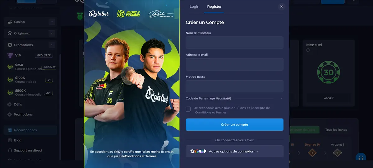 Rainbet registration popup in French with username, email, password, and referral code fields, age confirmation checkbox, account creation button, social sign-up option, and esports player artwork on a dark interface.